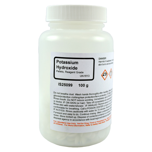Potassium Hydroxide Pellets, Reagent Grade, 100g